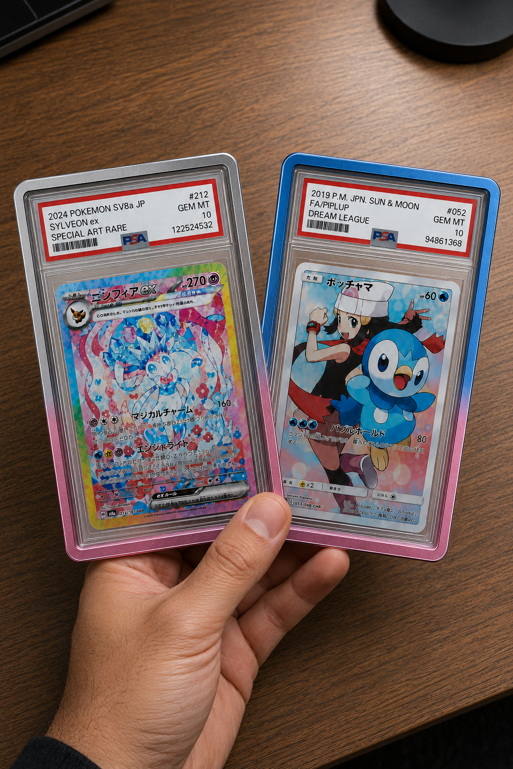 Two PSA-graded Pokémon cards held in PowerGuard aluminum slab cases