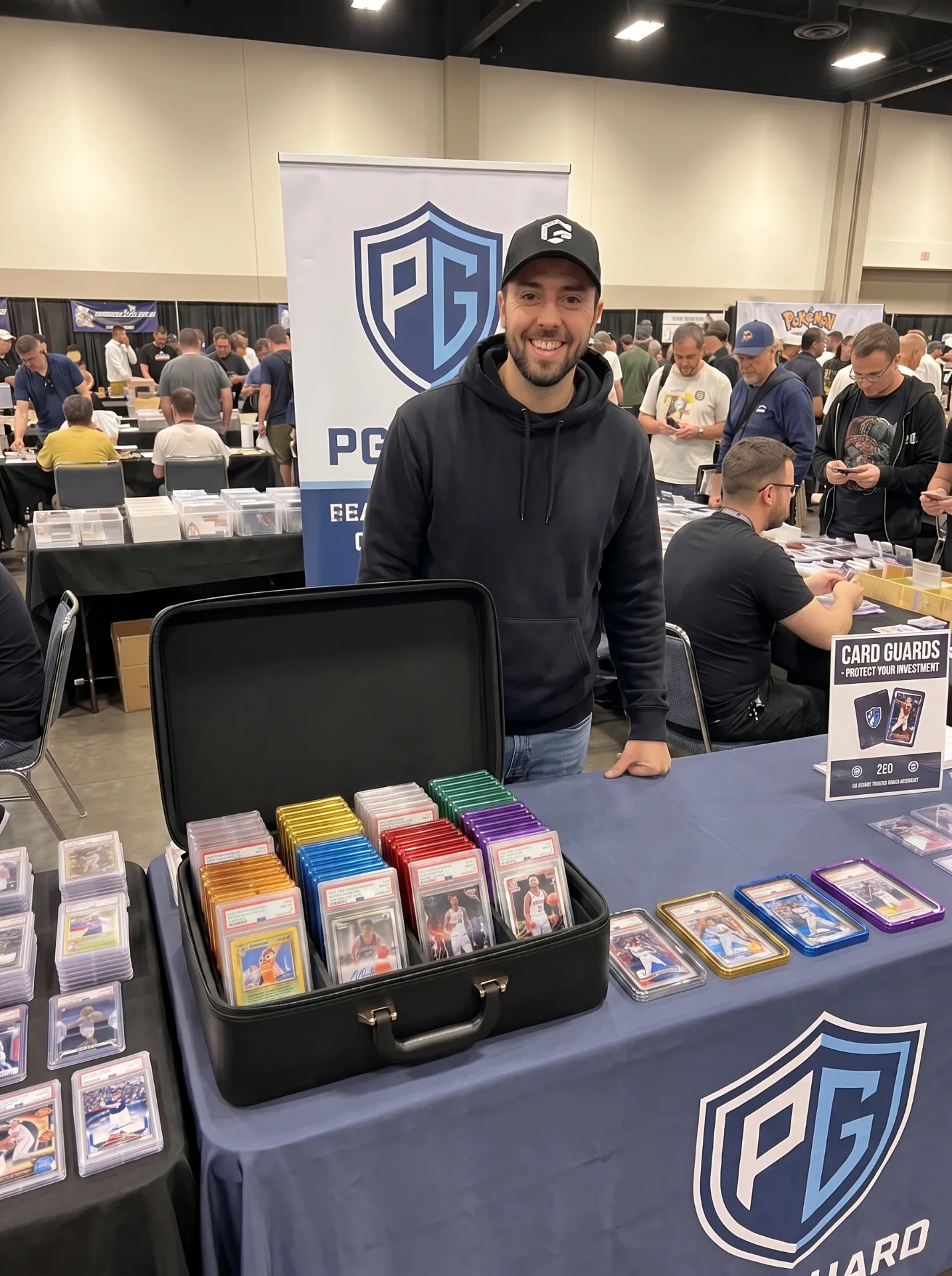 PowerGuard founder showcasing the aluminum graded card case at a card show