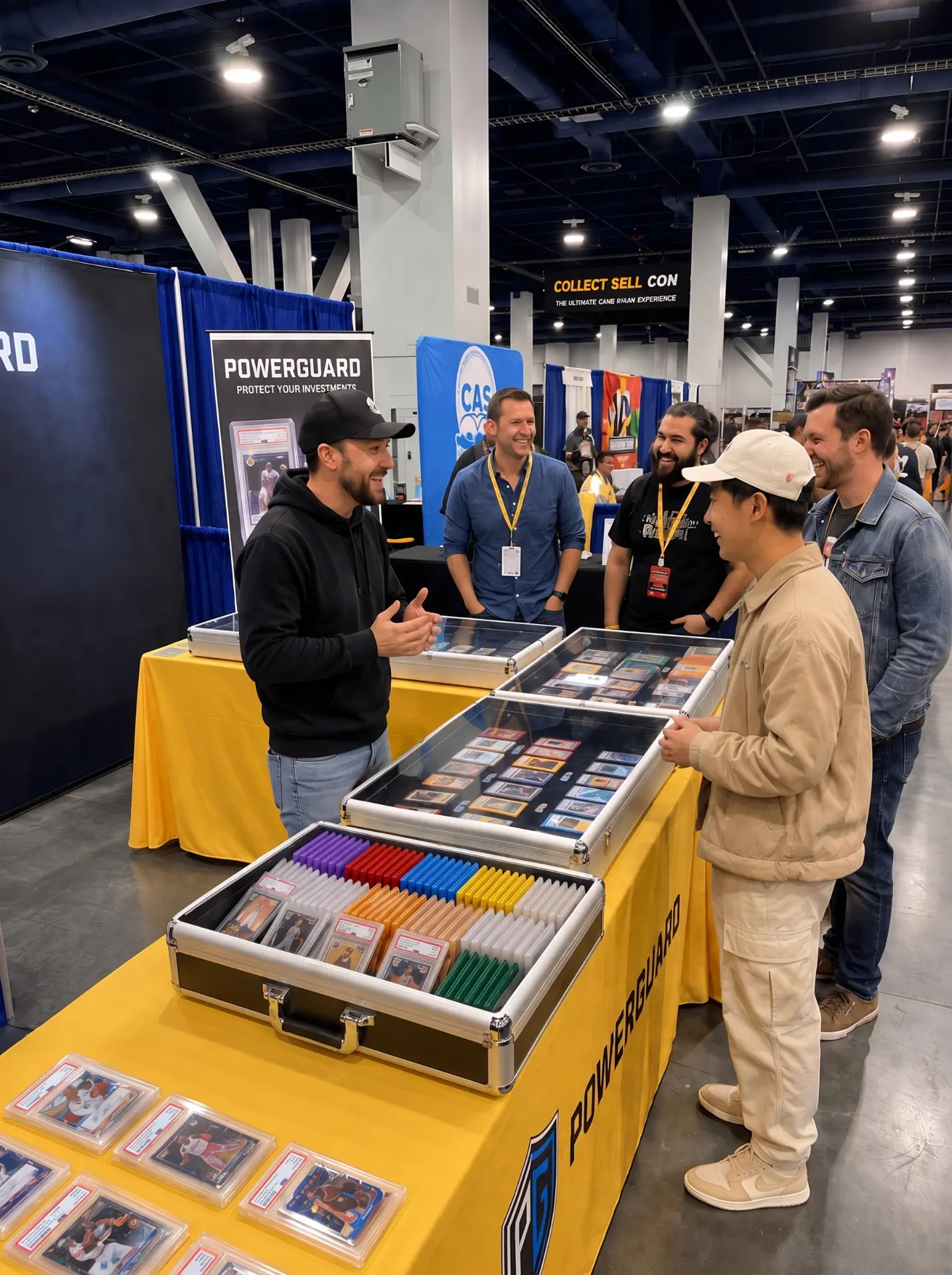 PowerGuard founder showcasing the aluminum slab cases at a trading card show
