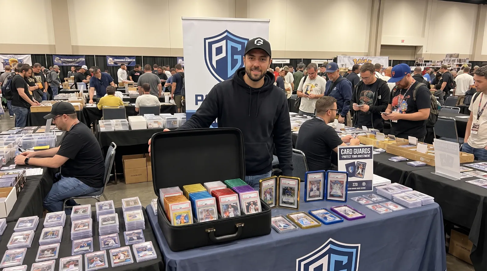 PowerGuard founder at a card show displaying the PowerGuard Vault and colored card guards